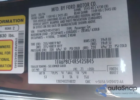 2024 Ford Mustang Gt Premium Fastback из США, поврежденный, VIN 1FA6P8CF4R5425845